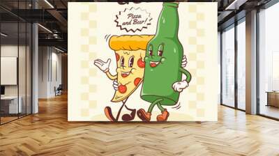 Groovy Pizza and Beer Retro Characters Label. Cartoon Slice and Bottle Walking Smiling Vector Food Mascot Template. Happy Vintage Cool Fast Food Illustration with Typography Isolated Wall mural