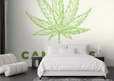 Hemp CBD Oil Abstract Vector Design Label. Modern Typography and Hand Drawn Cannabis Leaf Sketch Pattern Silhouette Background Layout. Wall mural