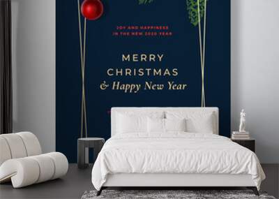 Merry Christmas Abstract Vector Greeting Card, Poster or Holiday Background. Blue and Gold Colors and Classy Typography. Soft Shadows Realistic Balls and Sketch Fir-needles with Strobile. Wall mural