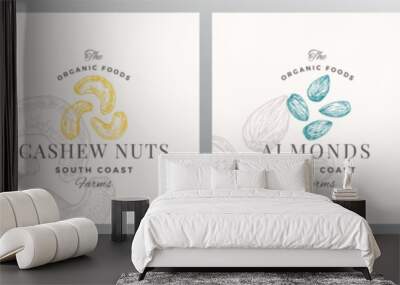 Nuts Logo Templates Set. Hand Drawn Almonds, Pistachios, Cashew and Hazelnut Sketches with Retro Typography. Premium Plant Based Vegan Food Badge Emblems Collection Isolated Wall mural