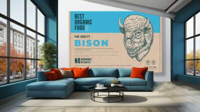 Organic Bison Meat. Vector Food Packaging Label Design on a Craft Cardboard Box Container. Modern Typography and Hand Drawn Buffalo Head Background Layout Wall mural