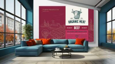 Premium Quality Beef Mock Up. Organic Vector Meat Packaging Label Design on a Cardboard Box Container. Modern Typography and Hand Drawn Cow Face and Rural Landscape Sketch Background Layout Wall mural