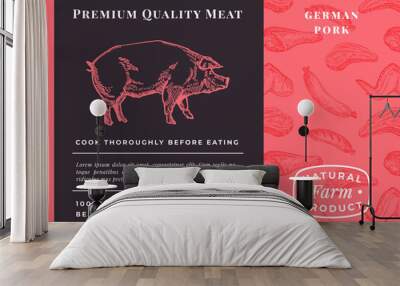 Premium Quality Meat Abstract Vector Pork Packaging Design or Label. Modern Typography and Hand Drawn Pig Sketch Background Layout. Seamless Food Pattern of Steak, Sausage and Wings Wall mural