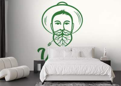 Vegan Green Food Abstract Vector Sign, Symbol or Logo Template. Young Man in Gardener Hat. Face with Leaves Incorporated in Beard and Moustache. Vegetarian Emblem Hipster Concept. Wall mural