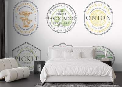 Vegetables and Mushrooms Frame Badges or Logo Templates Collection. Hand Drawn Avocado, Onion, Pickle, Tomato and Jalapeno Sketches with Typography and Borders. Vintage Premium Emblems Set. Isolated Wall mural