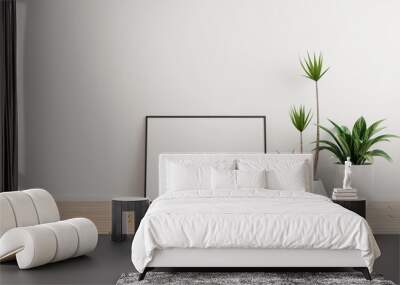 Black horizontal photo frame mockup on white wall empty room with plants on a wooden floor Wall mural