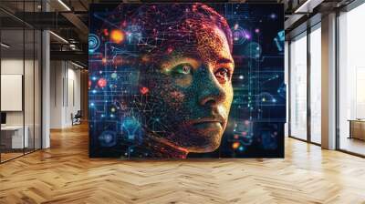 Artificial intelligence in humanoid face with neural network Digital Brain  processing big data, analysis information. Face of cyber mind. Technology background concept.Created with Generative AI tech Wall mural