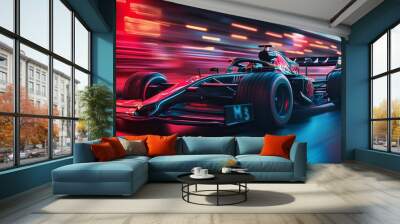 Formula 1 motorsport race car driver at high speed performance motion blur speed racing track in vibrant red colors. Generative AI Wall mural