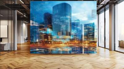 Modern business and city architecture photo abstract double exposure collage of various an urban city scene for banner. Generative AI Wall mural