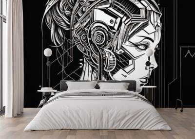 Robotic AI head with neural network brain. Robotic cyborg concept with vr reality. binary background in monochrome design.  for symbol or tattoo. Wall mural