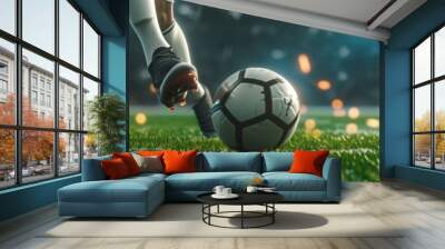 Soccer stadium with  professional soccer player kicking dribbling the soccer ball. Generative AI Wall mural