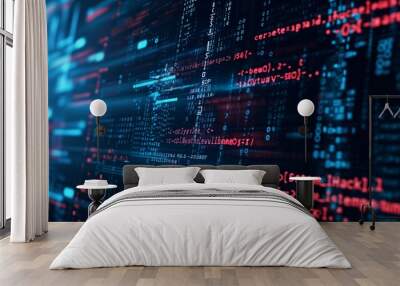 Technology computer network cyber crime  security hacker virus programming abstract binary codes and symbols digital background. Generative AI Wall mural