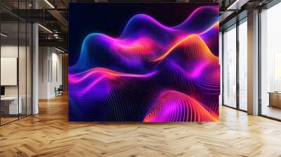 Vibrant dynamic abstract energetic flow of wavy color patterns representing stylish digital technology energy waves on a black background. Generative AI Wall mural