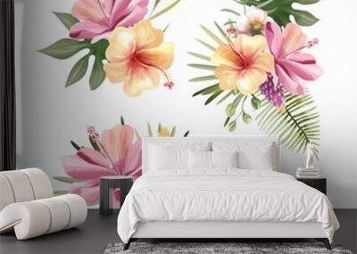 Beautiful tropical exotic flowers, floral bouquets, compositions, arrangement, wreaths watercolor illustration isolated on white Wall mural