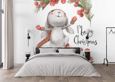 Cute watercolor bunny, Christmaswreath with berries illustration. Jumping bunny in hat and stockings Wall mural