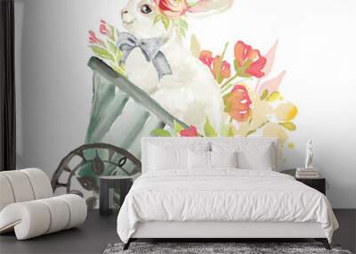 Cute watercolor bunny, rabbit, hare with floral, flowers bouquet and tied bow in a garden wagon Wall mural