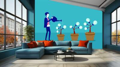 Business idea vector concept: Businessman watering the light bulb plants Wall mural