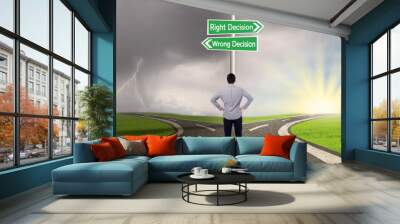 Businessman with a sign of right vs wrong decision Wall mural