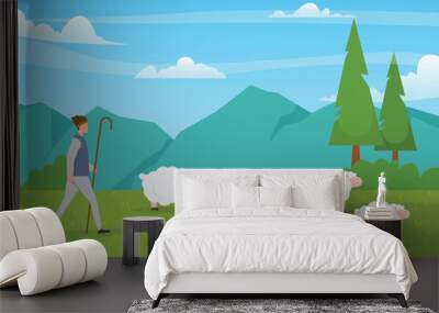 Character of shepherd man with dog and sheeps in beautiful landscape 2d vector illustration concept for banner, website, illustration, landing page, flyer, etc Wall mural