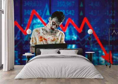 Creepy zombie using laptop near declining arrow Wall mural