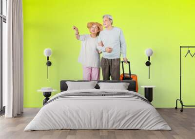 Elderly couple carrying a luggage in the studio Wall mural