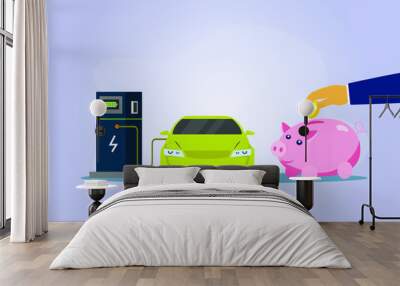 Electric car sale vector concept. Businessman hand saving money on piggy bank to buy electric car Wall mural