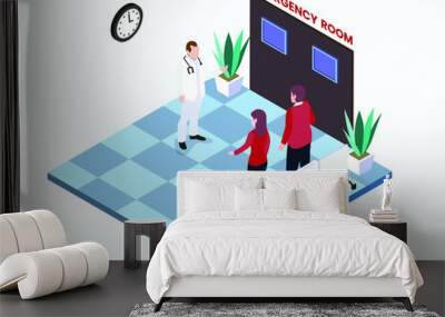 Emergency room isometric vector concept. Doctor move a patient with wheelchair in hospital corridor Wall mural