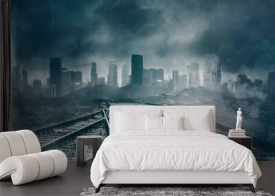 Empty railroads with gloomy cityscape background Wall mural