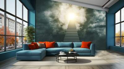 Empty stairs toward bright light with cloudy sky Wall mural