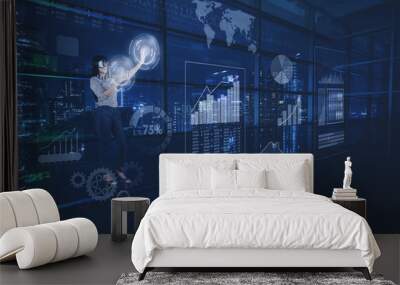 Female entrepreneur touching virtual button Wall mural