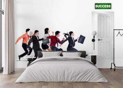 Group of business people run toward a success door Wall mural