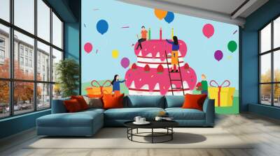 group of people celebrating birthday using a giant cake vector illustration concept for banner, website, illustration, landing page, flyer, etc. Wall mural