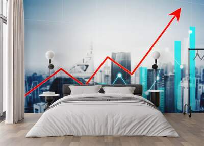 Growth graph and upward arrow with modern city Wall mural