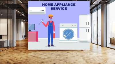 Home appliance service vector concept. Repairman in face mask holding wrench with electronics background Wall mural