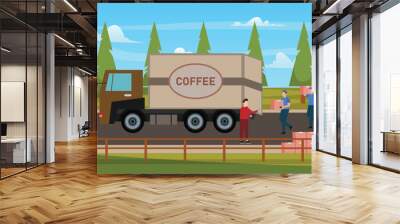 Industrial coffee - Farmers taking coffee beans to truck 2d vector illustration concept for banner, website, illustration, landing page, flyer, etc. Wall mural