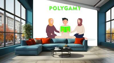 Polygamy vector concept: Young man reading the book while sitting with his two wives together Wall mural