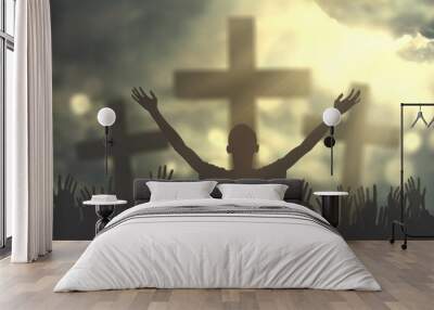 Prayers hand with three cross symbols Wall mural