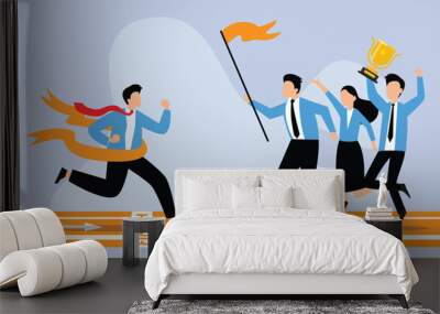 Running man crosses finish line, fellow worker with flag and champion cup flat vector illustration Wall mural