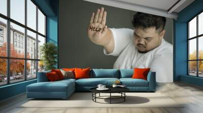 Sad obese man showing help word Wall mural