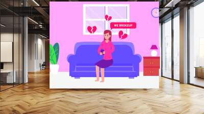 Sadness vector concept: Young woman crying on the sofa while looking at her mobile phone at home  Wall mural