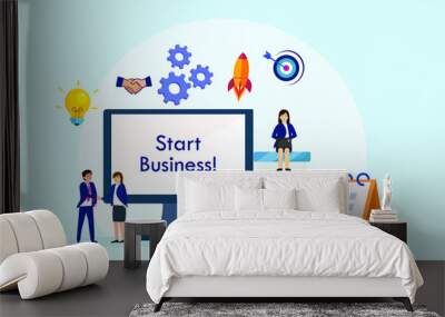 Start business vector concept. Group of business people working together near the mobile phone screen with start business text Wall mural