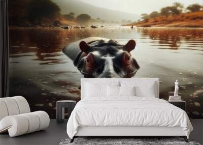 Hippo at dawn: A serene morning in the African wilderness Wall mural