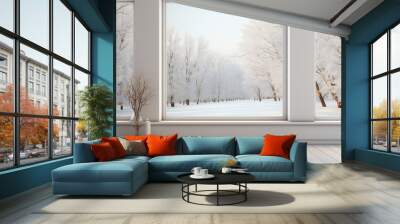 3d render of interior room with large window and white wooden floor Wall mural