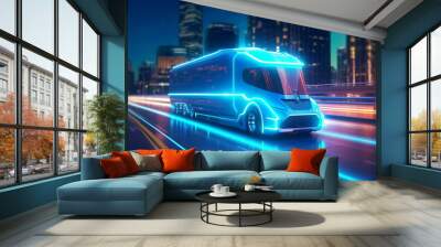 3d rendering of a delivery van with neon lights on the road Wall mural