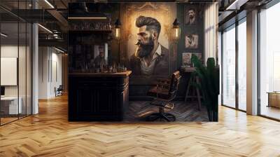 A barber styling the hair in the salon , big table ,old school bar , black , light golden wallpaper in 8k with generative AI Wall mural