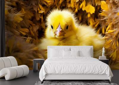 A fluffy baby chick peering out from under its mother's wing, surrounded by a sea of yellow feathers. Wall mural