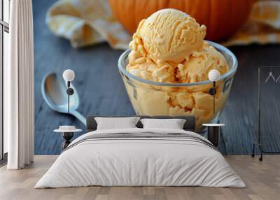 Pumpkin Ice Cream in a Glass Bowl on Rustic Table Wall mural