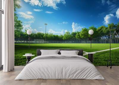 A football field with trees and blue sky Wall mural