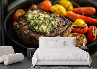 A sizzling steak with garlic herb butter and roasted vegetables Wall mural