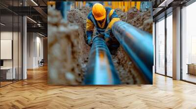 Close-up of a construction worker working on a large plastic pipe for water and gas installation in a trench, at a construction site during landscape development Wall mural